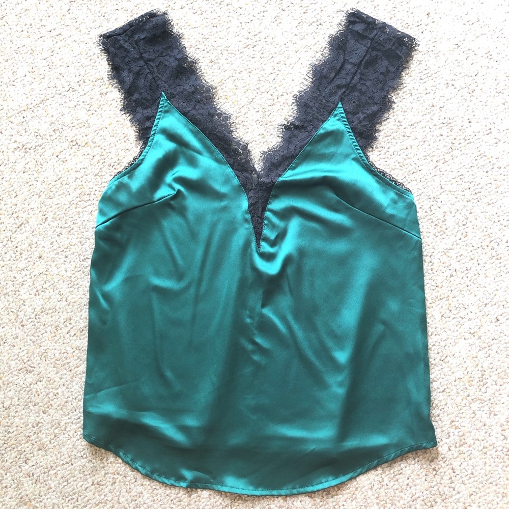 Emerald Green Satin & Lace Tank Top